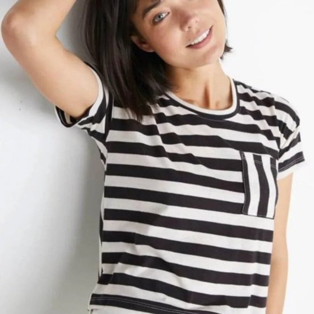 Like New Marine Layer Drop Shoulder Stripes Tee in Black/White Stripes Sz L - Picture 4 of 10